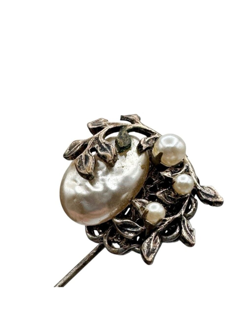MIRIAM HASKELL vintage signed stick pin antique brass faux baroque pearl flowers - Picture 2 of 11